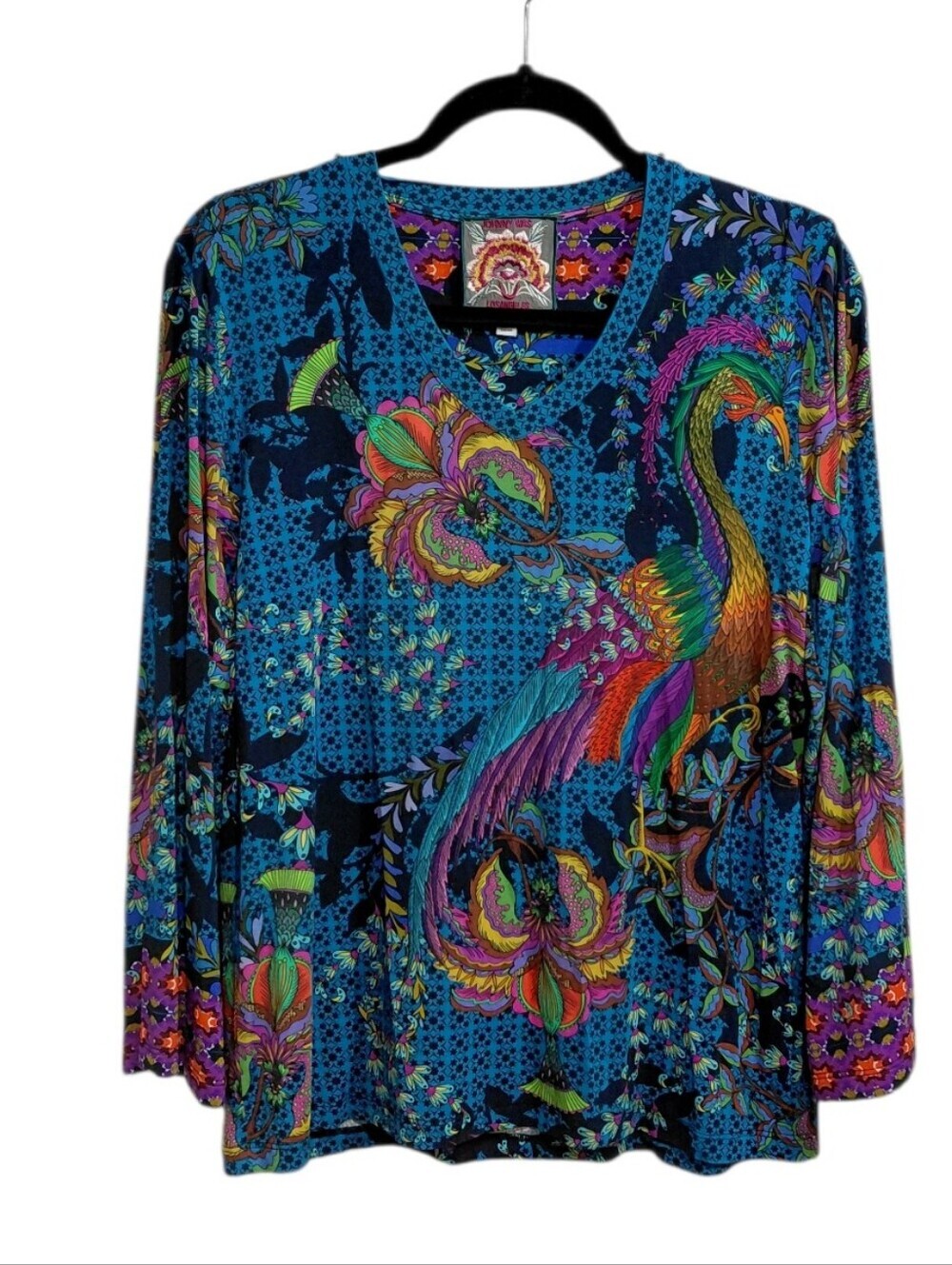 Johnny Was Blue Multicolor Printed Long-Sleeve V-Neck Top